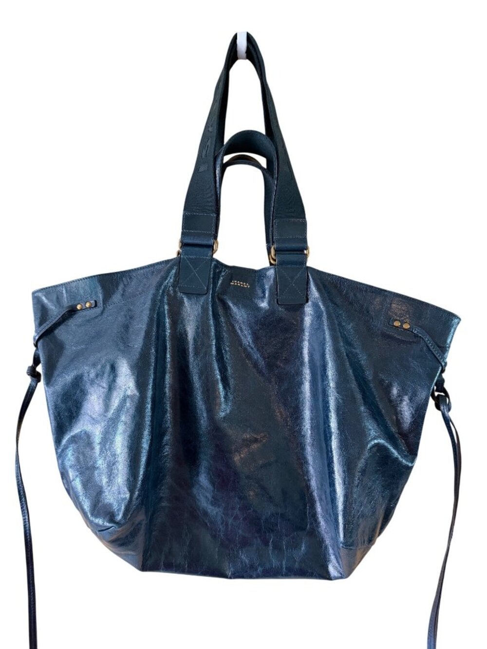 Isabel Marant Womens Wardy Crinkled Glossy Leather Tote Teal Green Dual Handles